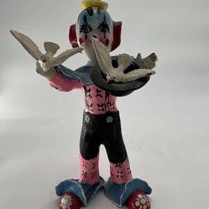 Clown with Doves Figurine Hand Painted Ceramic Retro Multicolor Medium Abstract